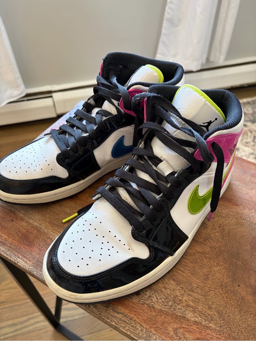 Jordan Retro High Top Sneakers White Black with Pink, Green & Blue Accents - Picture 4 of 7